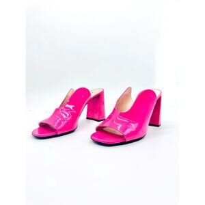 Prada Y2K Pink Patent Barbiecore Leather Mules Block Heel Slip On Sandals  EU 39
